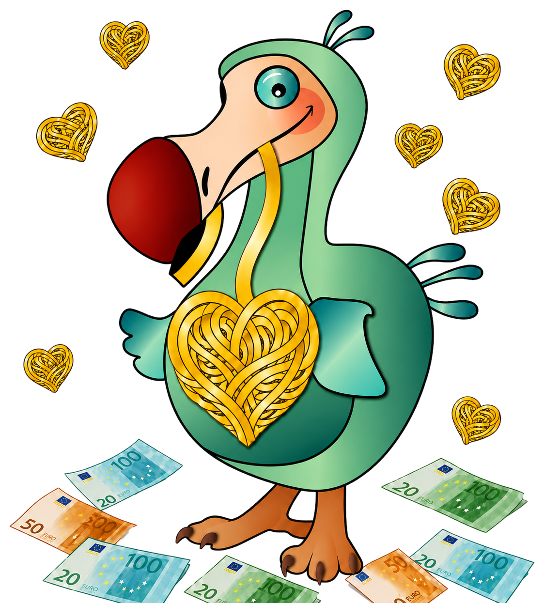 Spenden-Dodo mit Nudelherz und Geldscheinen